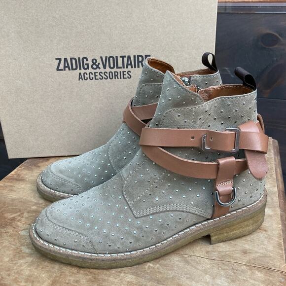 NWB Zadig & Voltaire Suede Boots Laureen Strap studded Size 8 US /  EU 38 - Picture 1 of 14